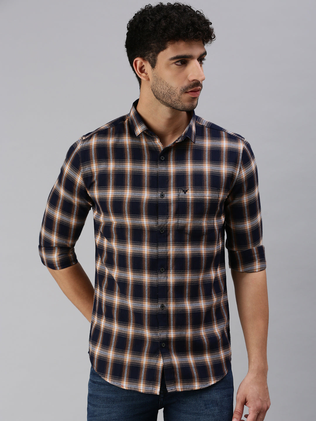 Men Navy Blue Checked Casual Shirt