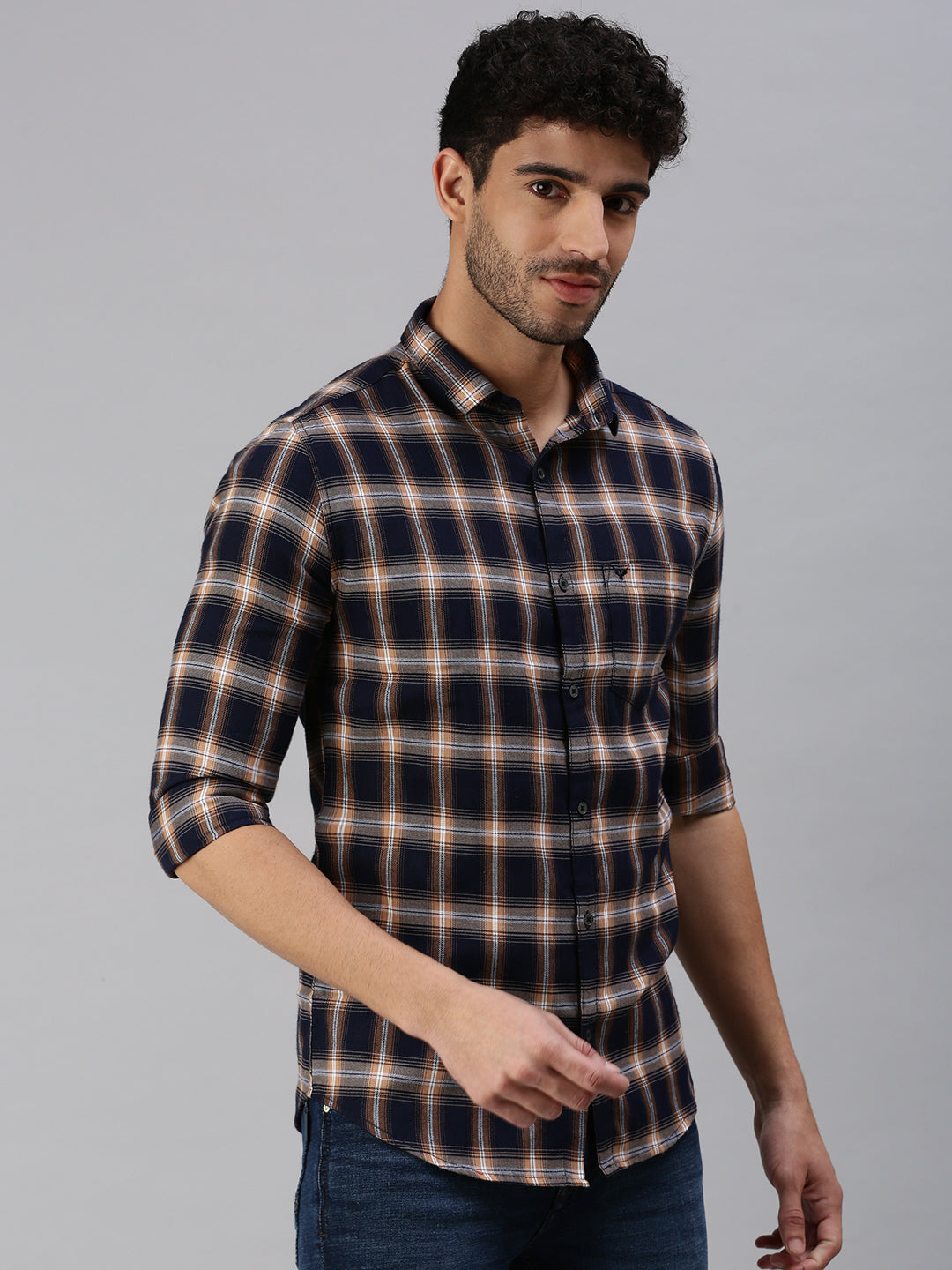 Men Navy Blue Checked Casual Shirt