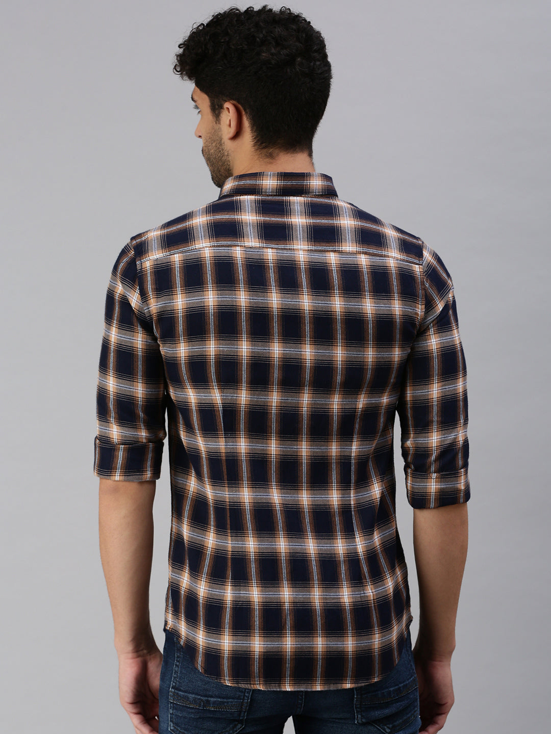 Men Navy Blue Checked Casual Shirt