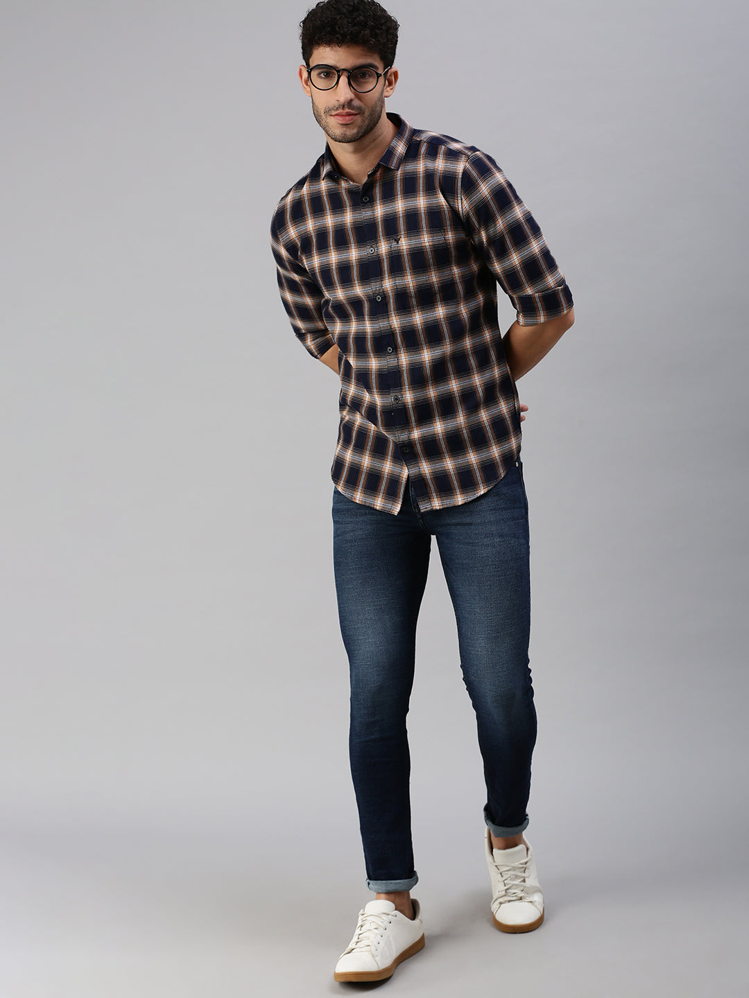 Men Navy Blue Checked Casual Shirt