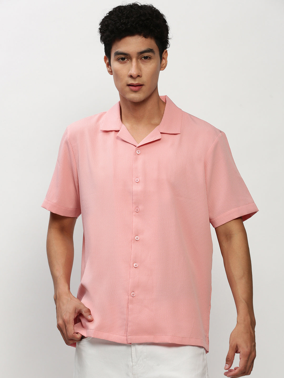 Men Peach Solid Casual Casual Shirts