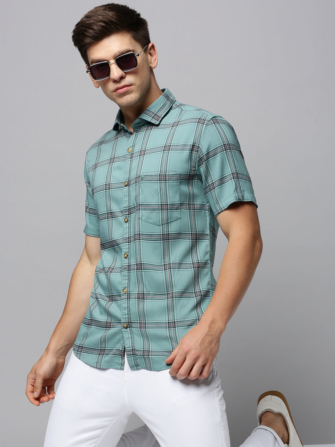 Men Green Checked Casual Shirt