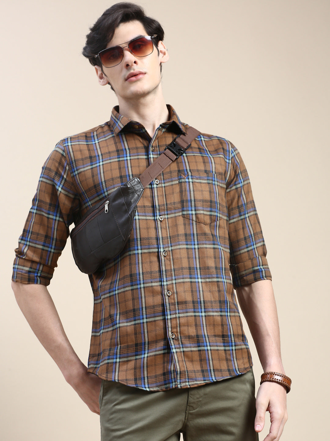 Men Brown Checked Casual Shirt