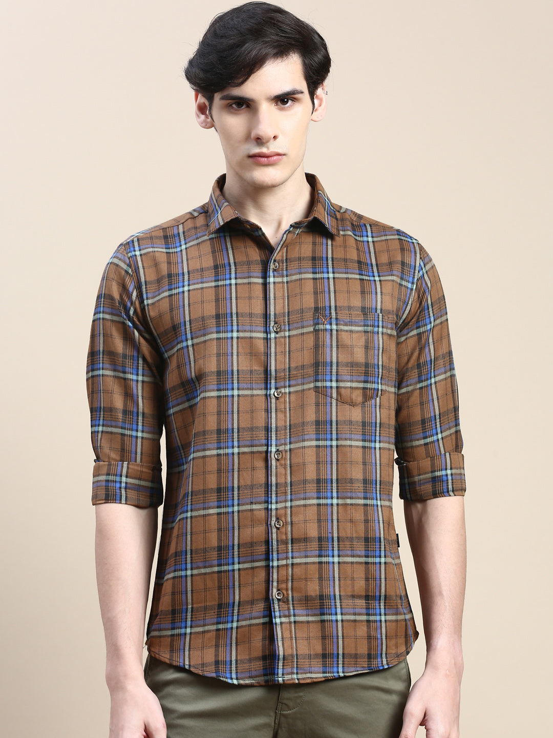 Men Brown Checked Casual Shirt