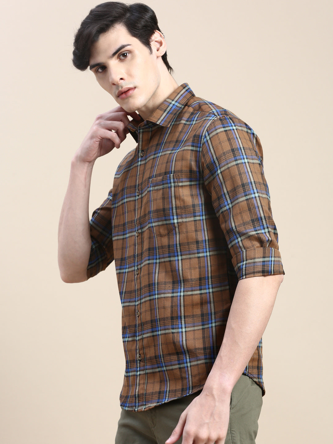 Men Brown Checked Casual Shirt