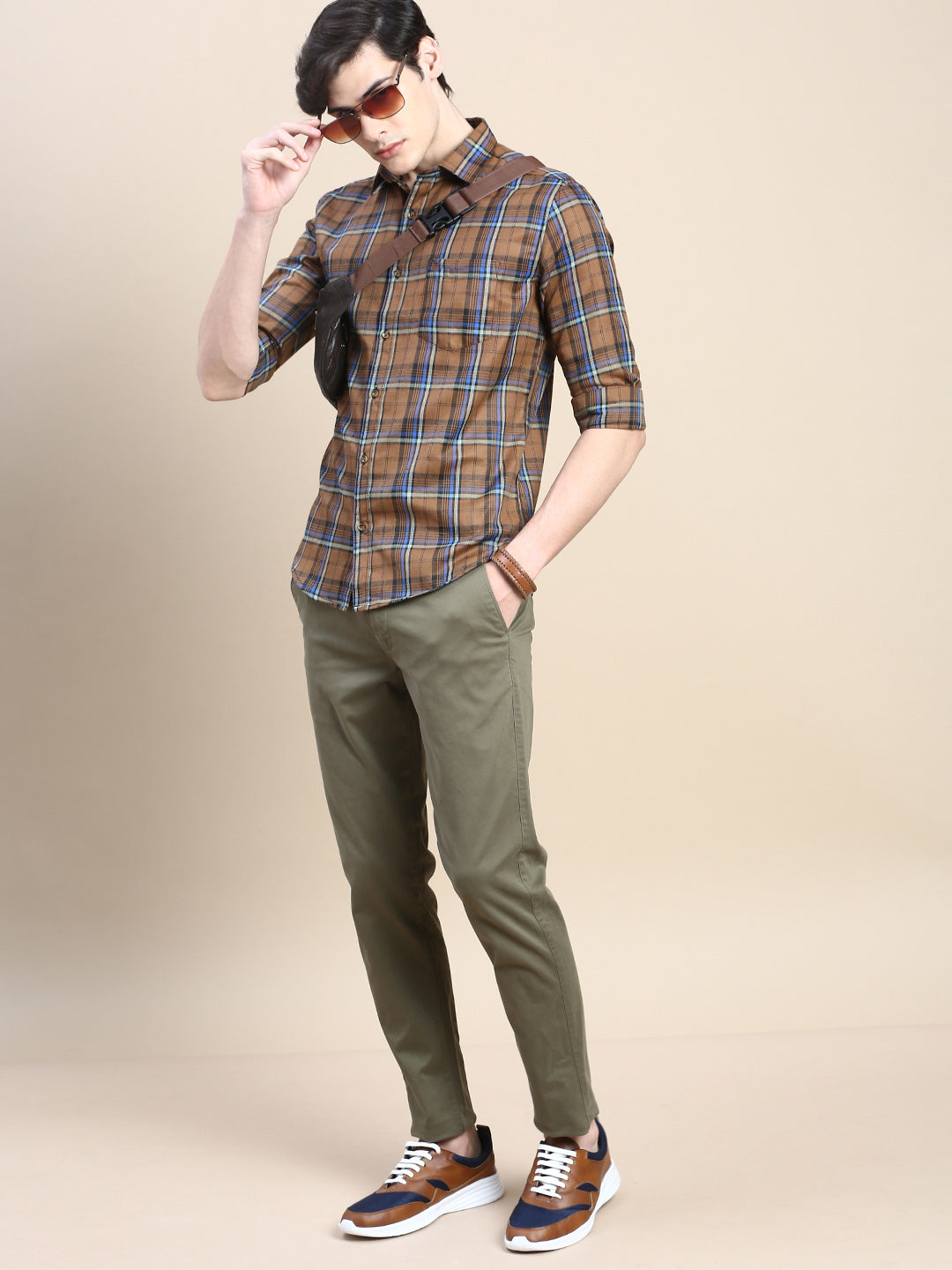 Men Brown Checked Casual Shirt