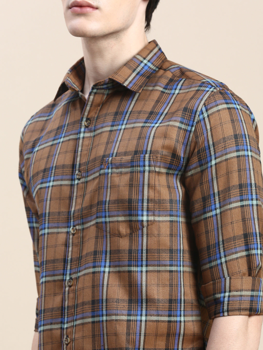 Men Brown Checked Casual Shirt