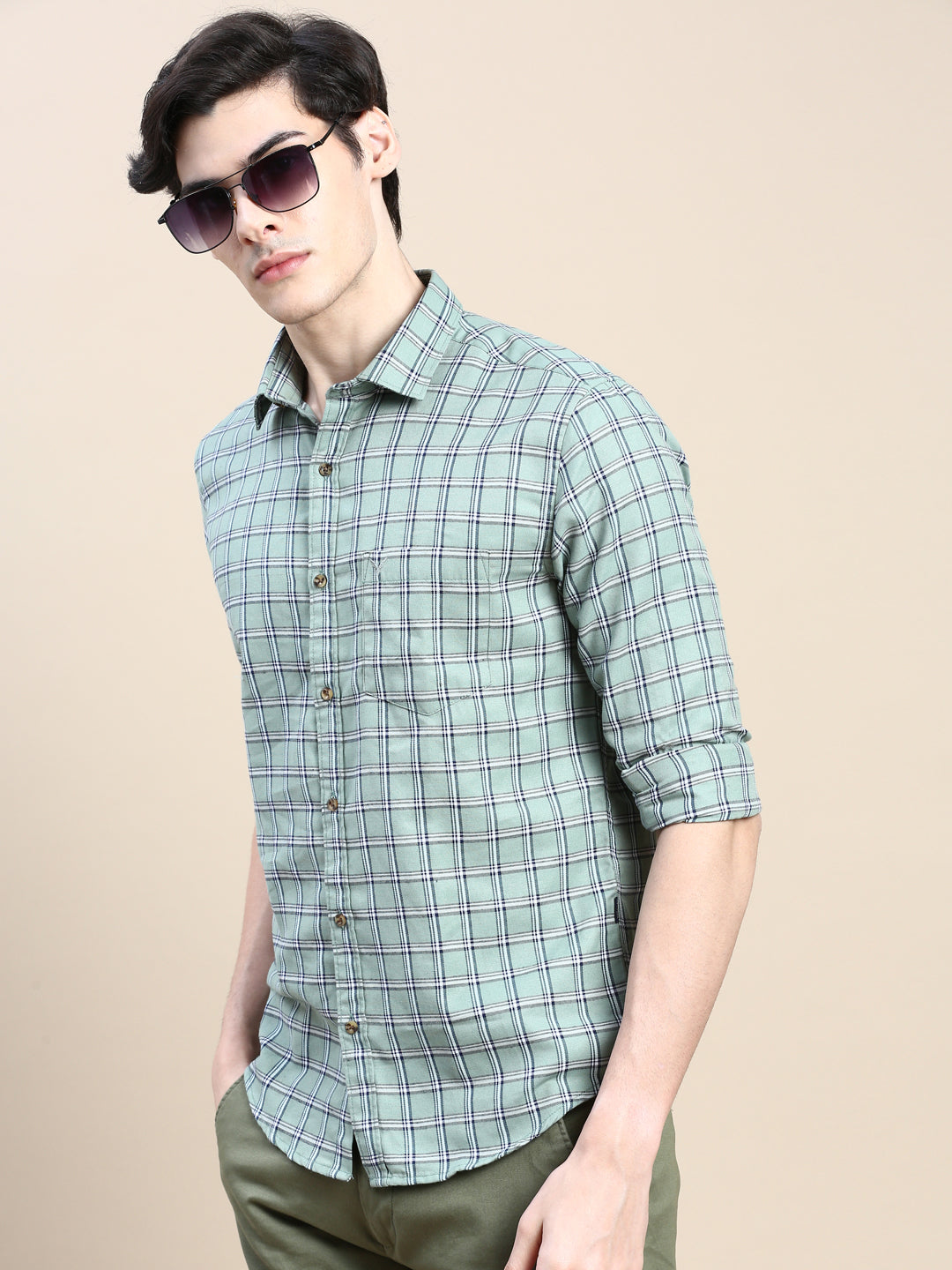 Men Green Checked Casual Shirt