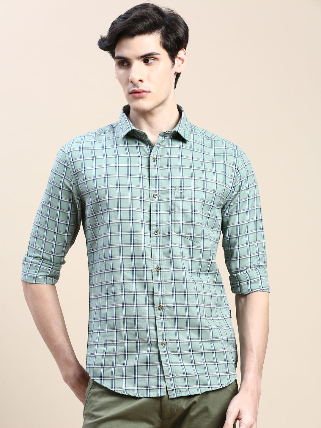 Men Green Checked Casual Shirt