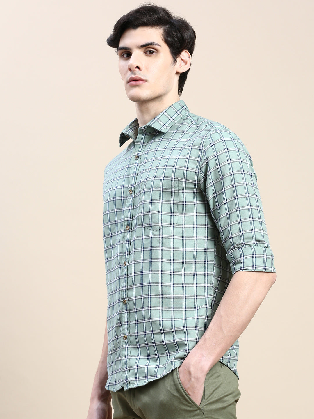 Men Green Checked Casual Shirt