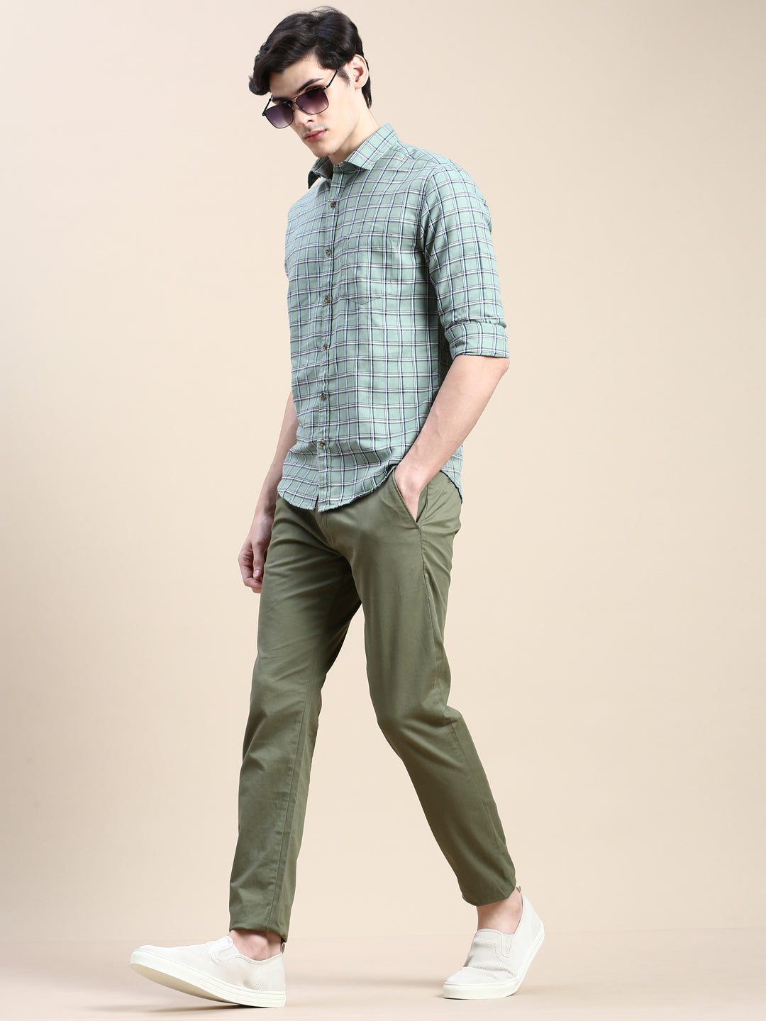 Men Green Checked Casual Shirt