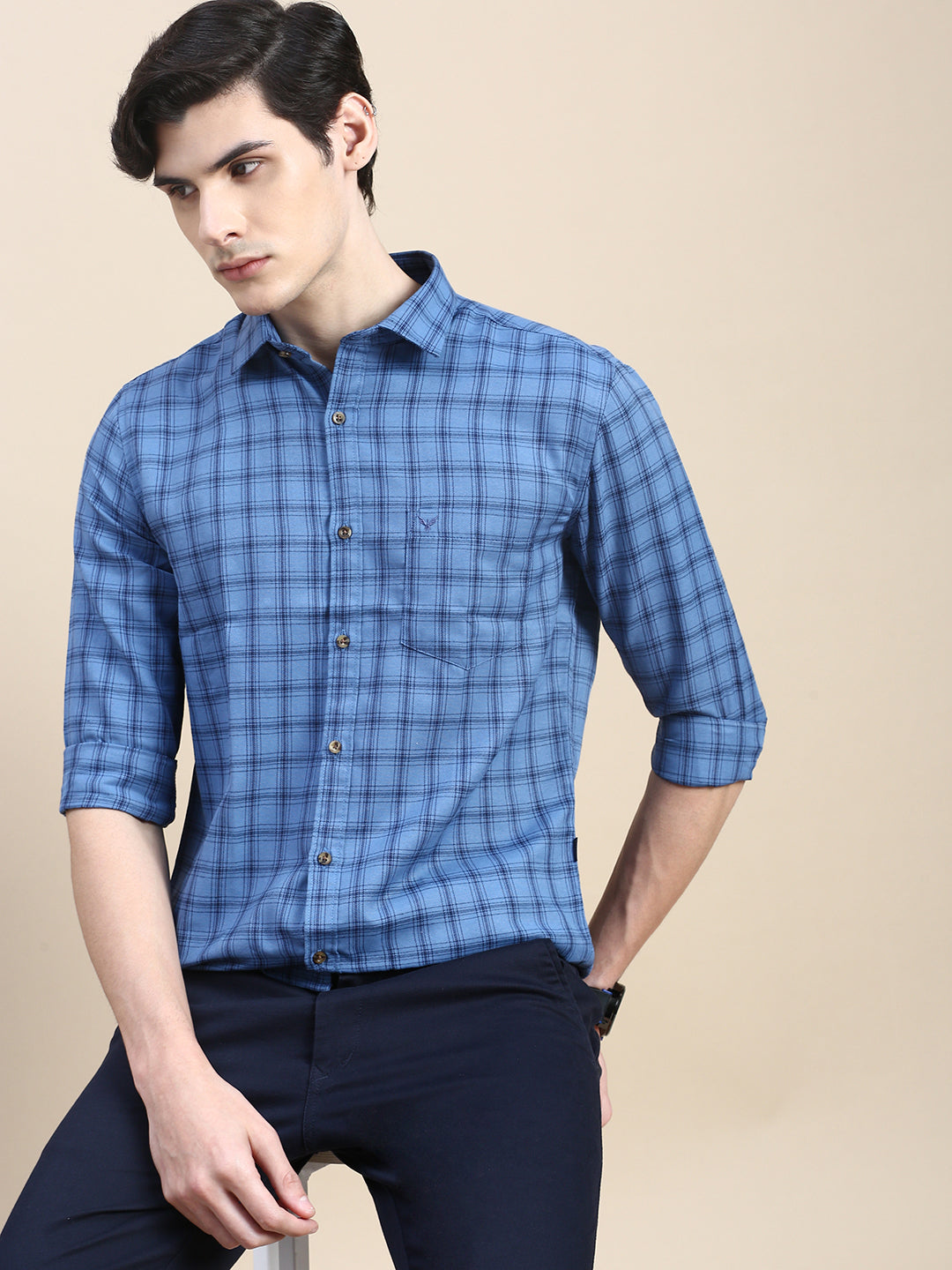 Men Blue Checked Casual Shirt