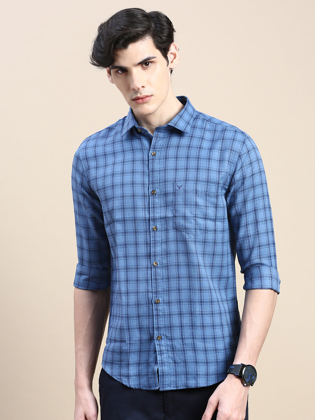 Men Blue Checked Casual Shirt