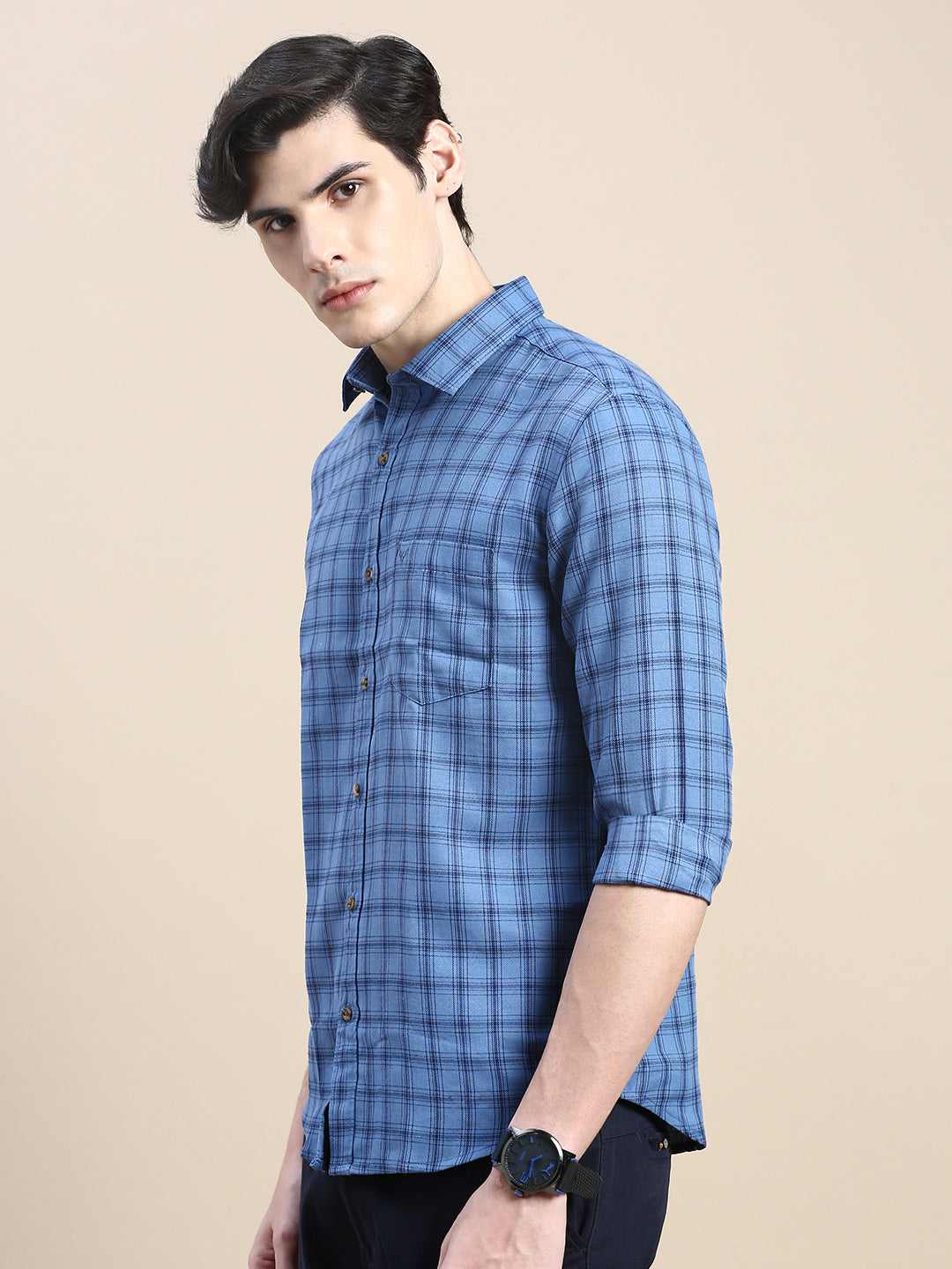 Men Blue Checked Casual Shirt