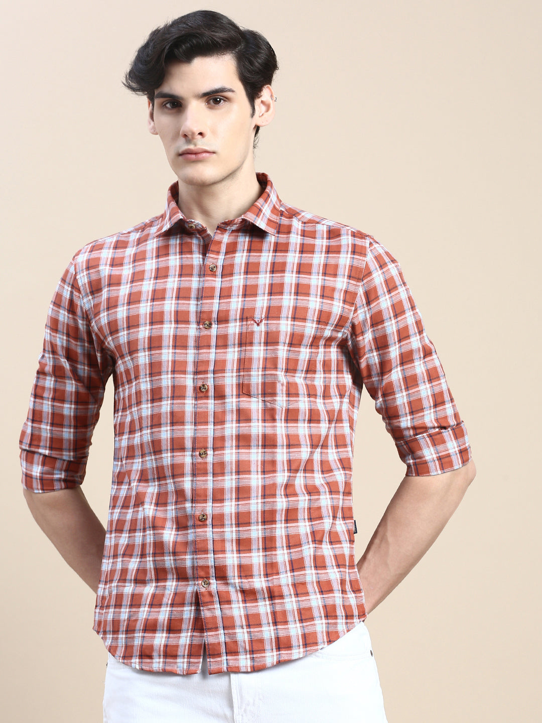 Men Rust Checked Casual Shirt