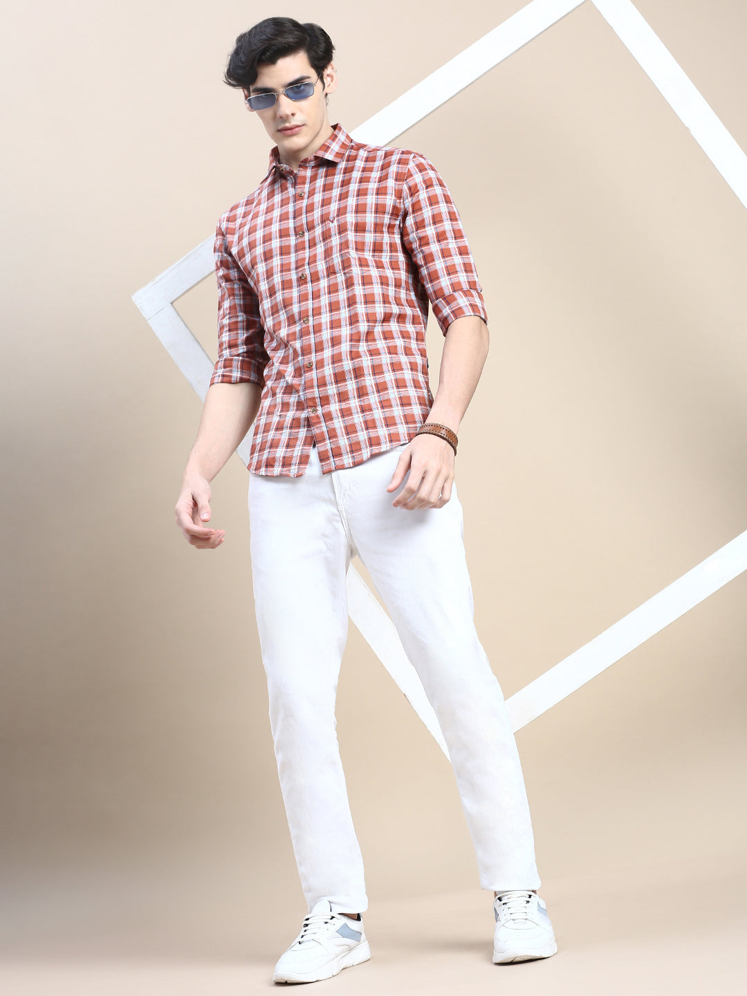 Men Rust Checked Casual Shirt