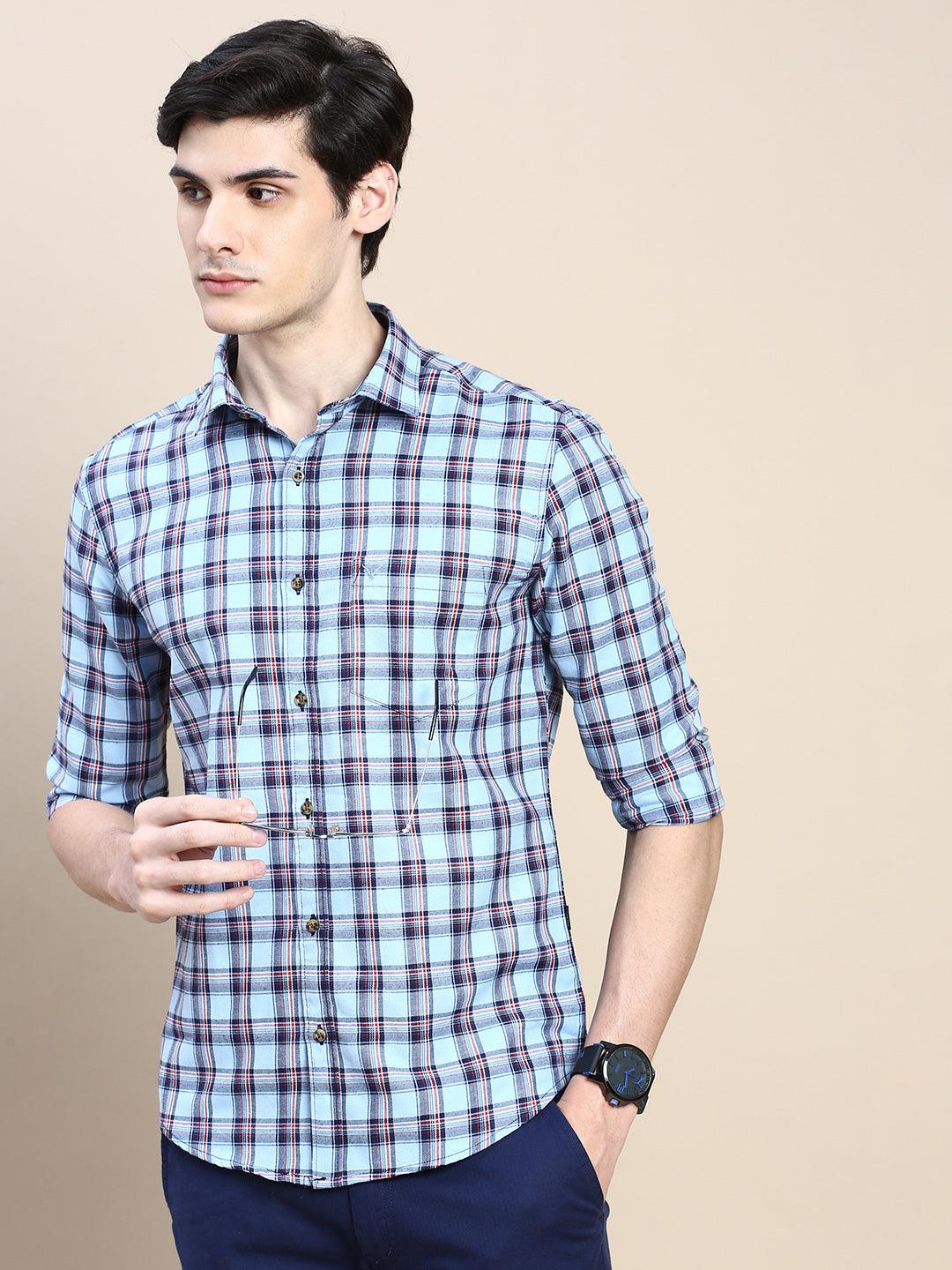 Men Blue Checked Casual Shirt