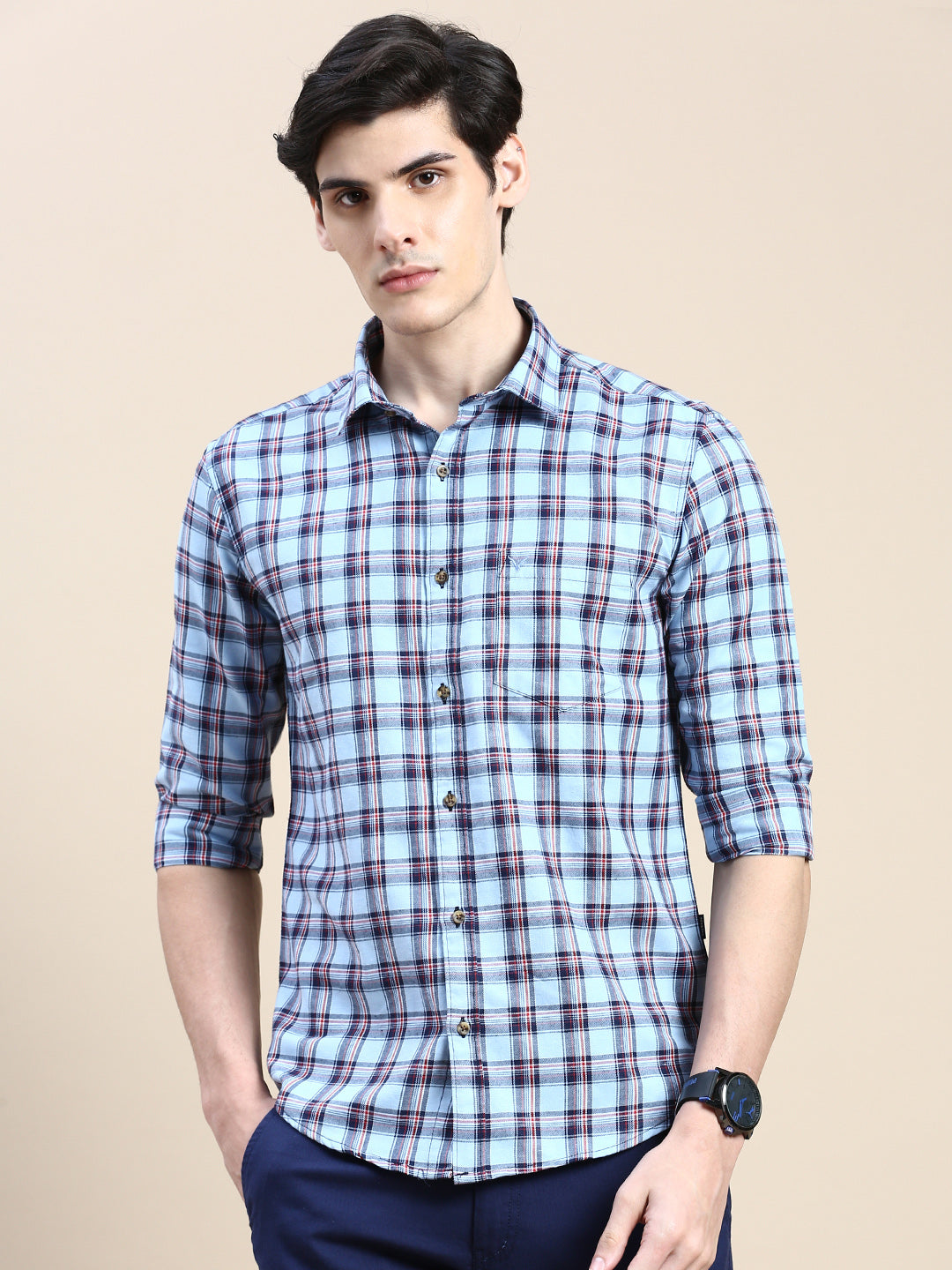 Men Blue Checked Casual Shirt