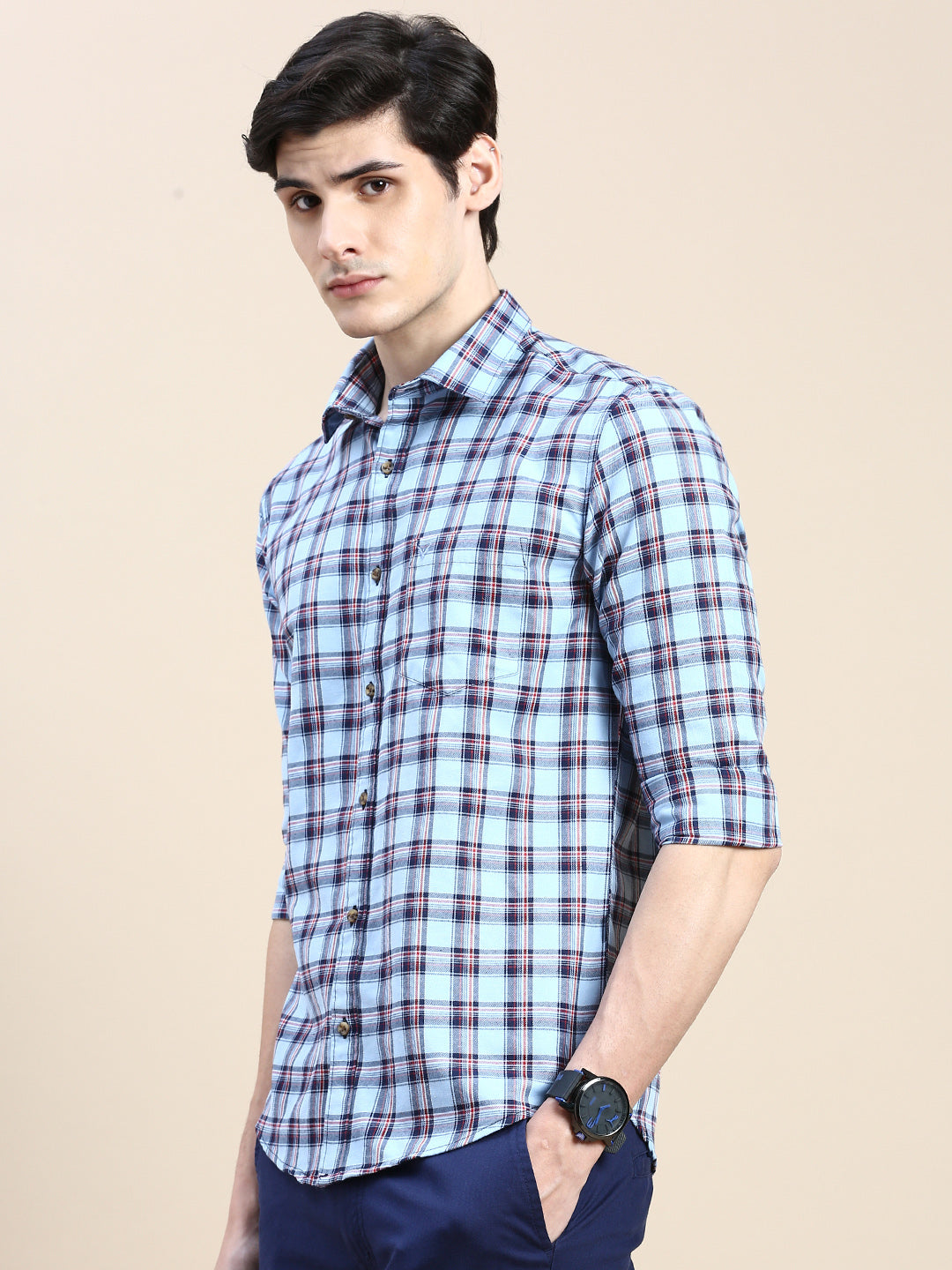 Men Blue Checked Casual Shirt