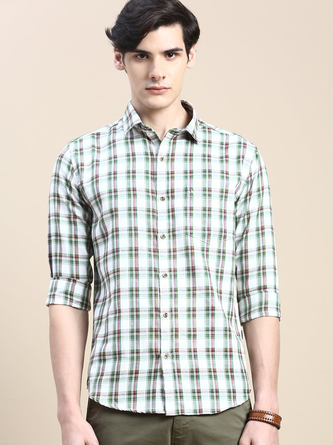 Men White Checked Casual Shirt