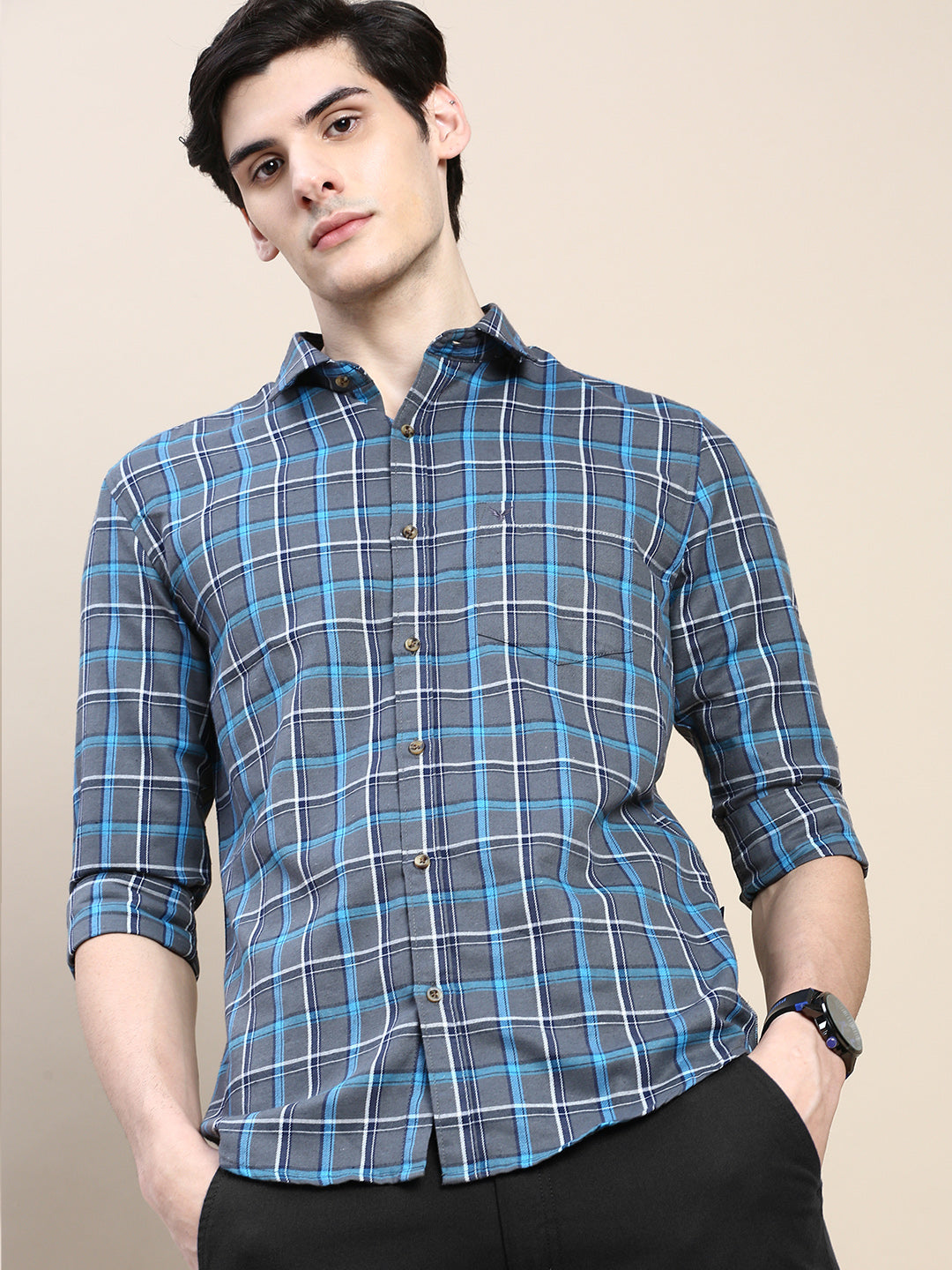 Men Grey Checked Casual Shirt