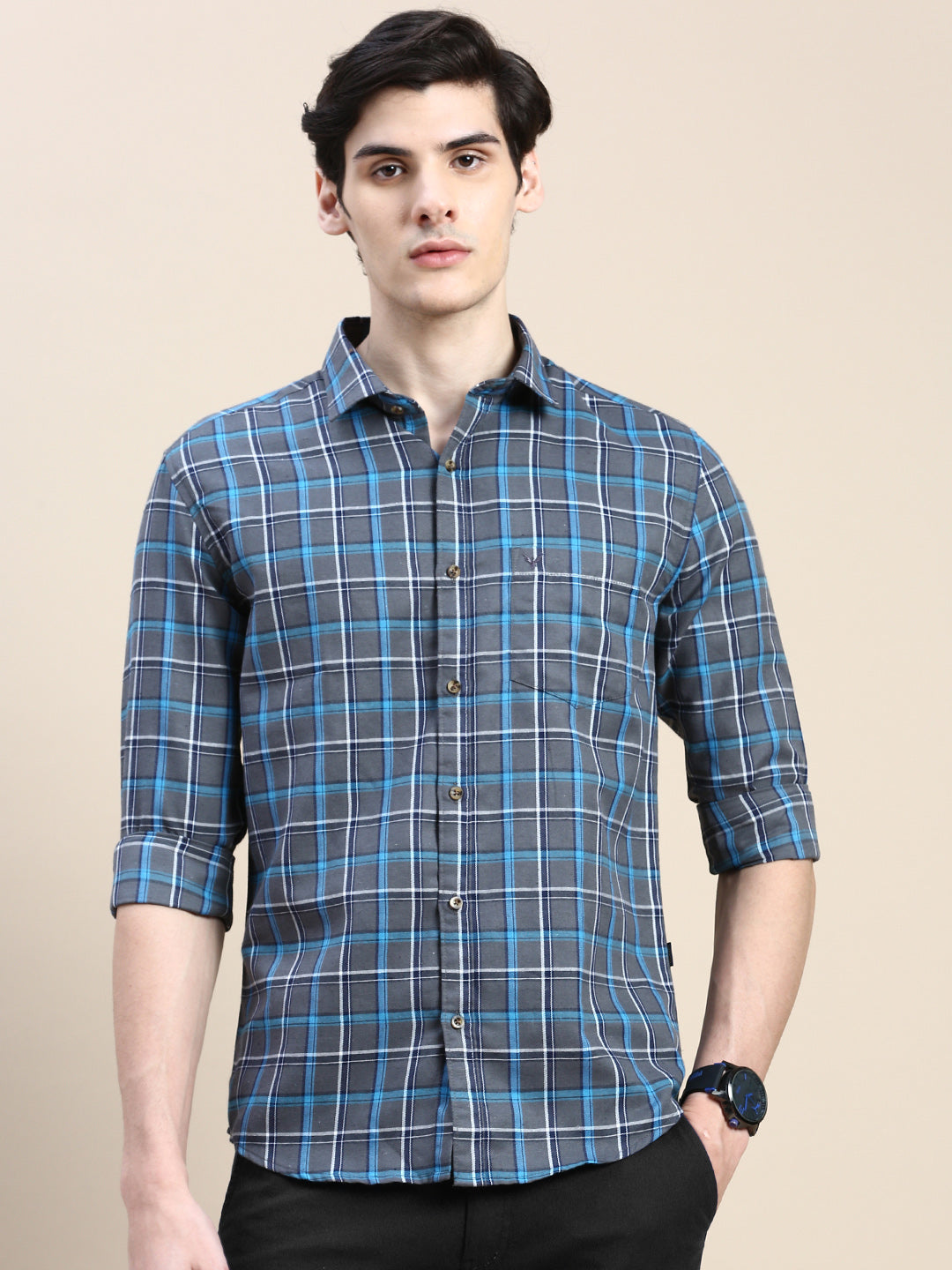 Men Grey Checked Casual Shirt