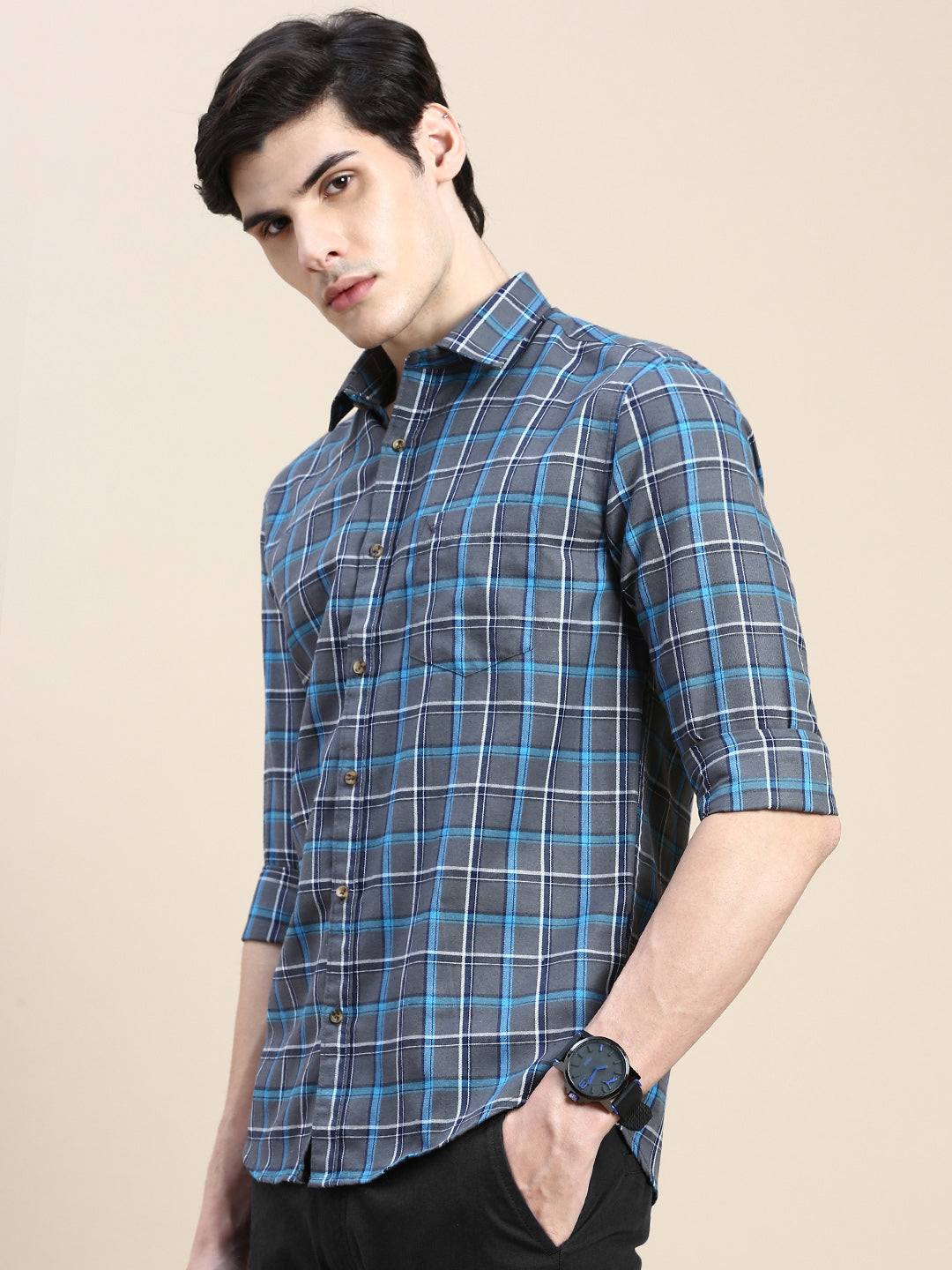 Men Grey Checked Casual Shirt