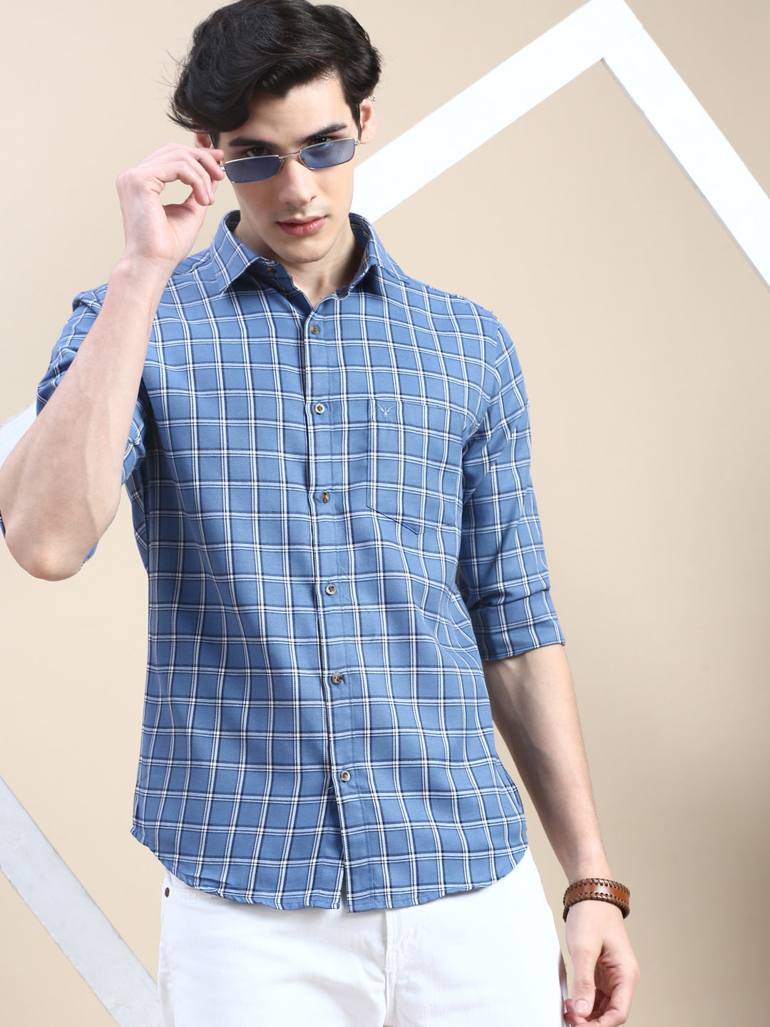 Men Blue Checked Casual Shirt