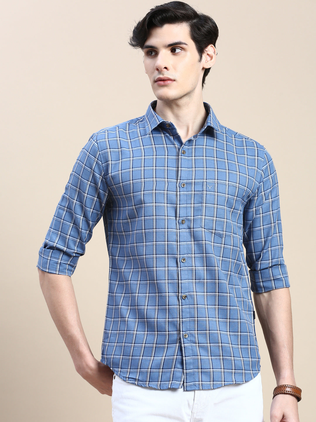 Men Blue Checked Casual Shirt