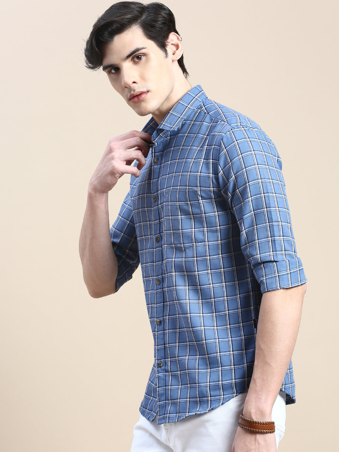 Men Blue Checked Casual Shirt