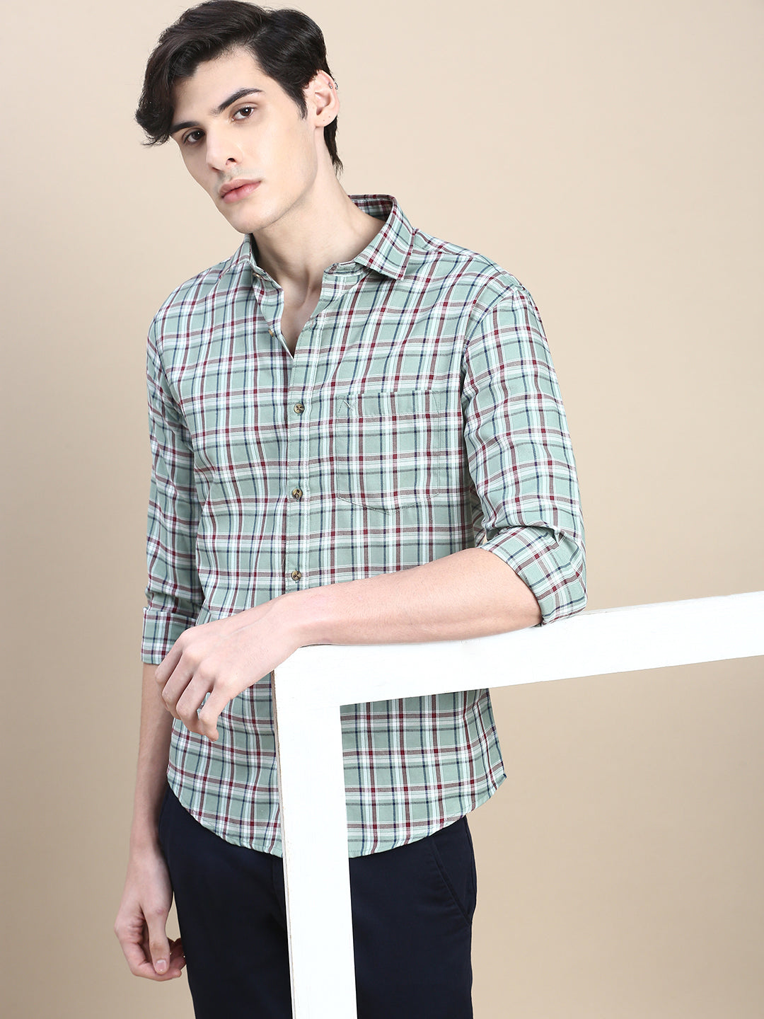 Men Green Checked Casual Shirt