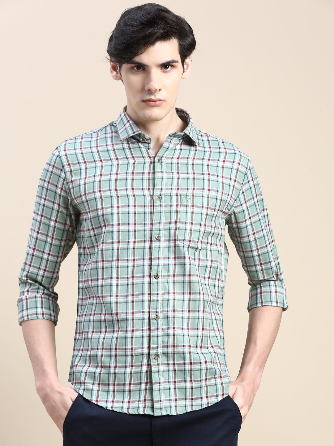 Men Green Checked Casual Shirt