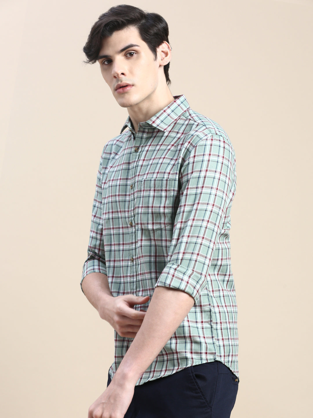 Men Green Checked Casual Shirt