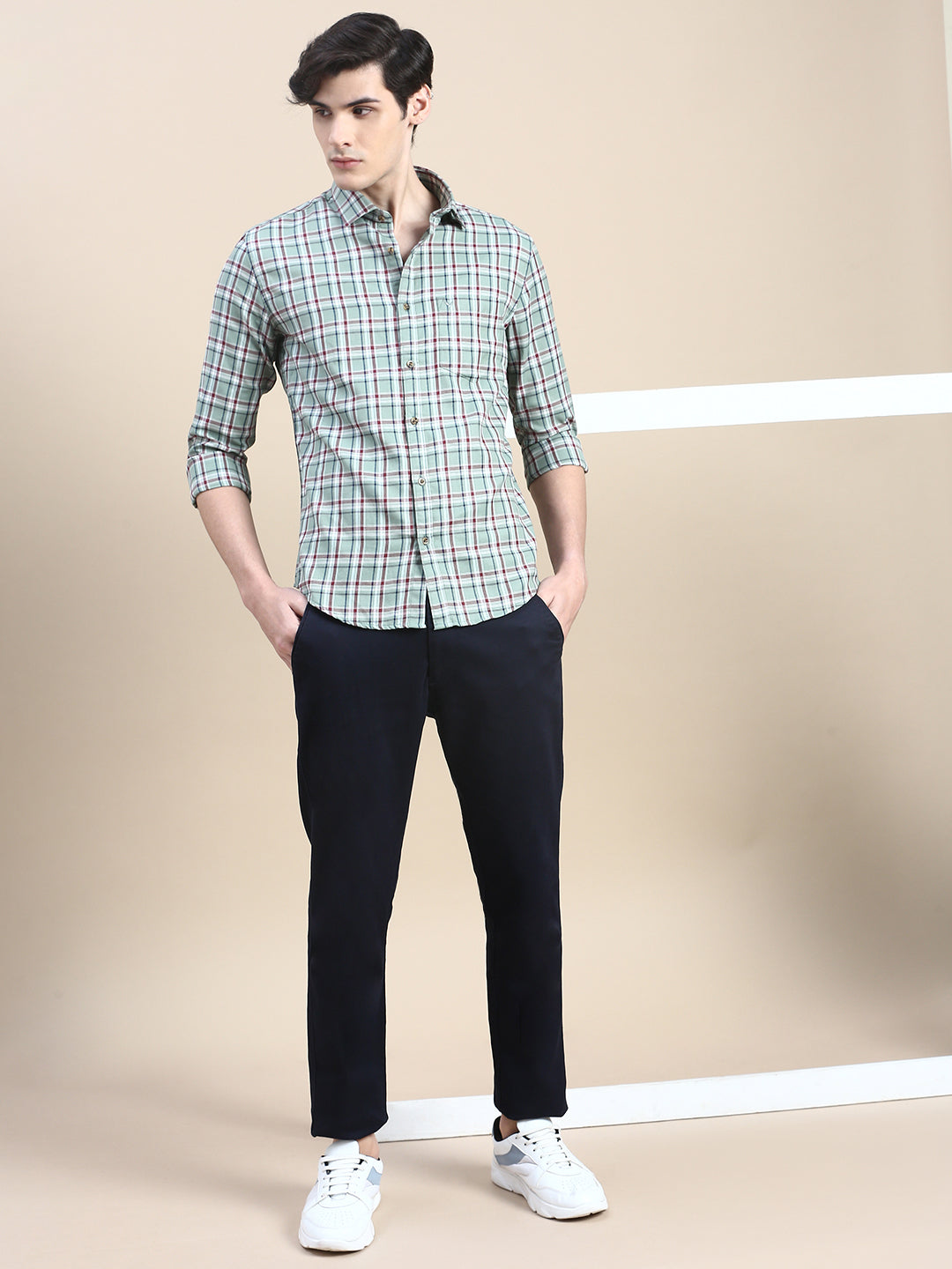 Men Green Checked Casual Shirt