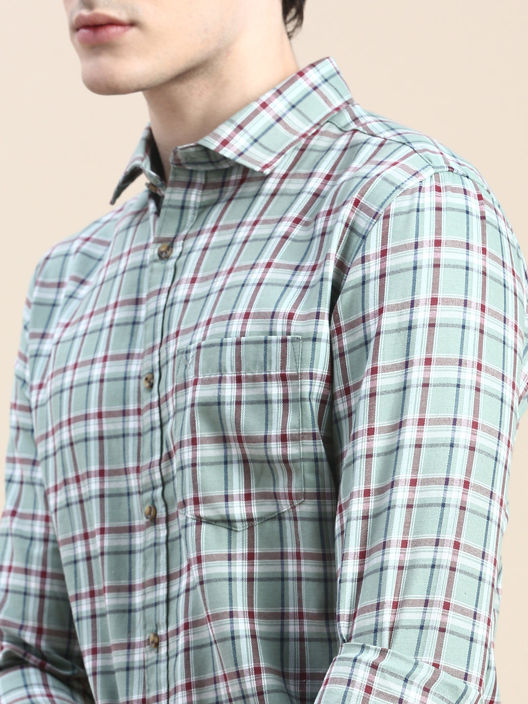 Men Green Checked Casual Shirt