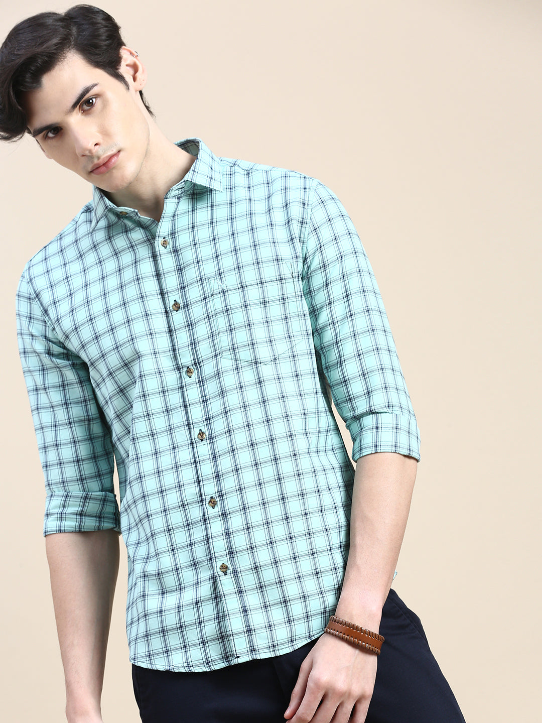 Men Green Checked Casual Shirt