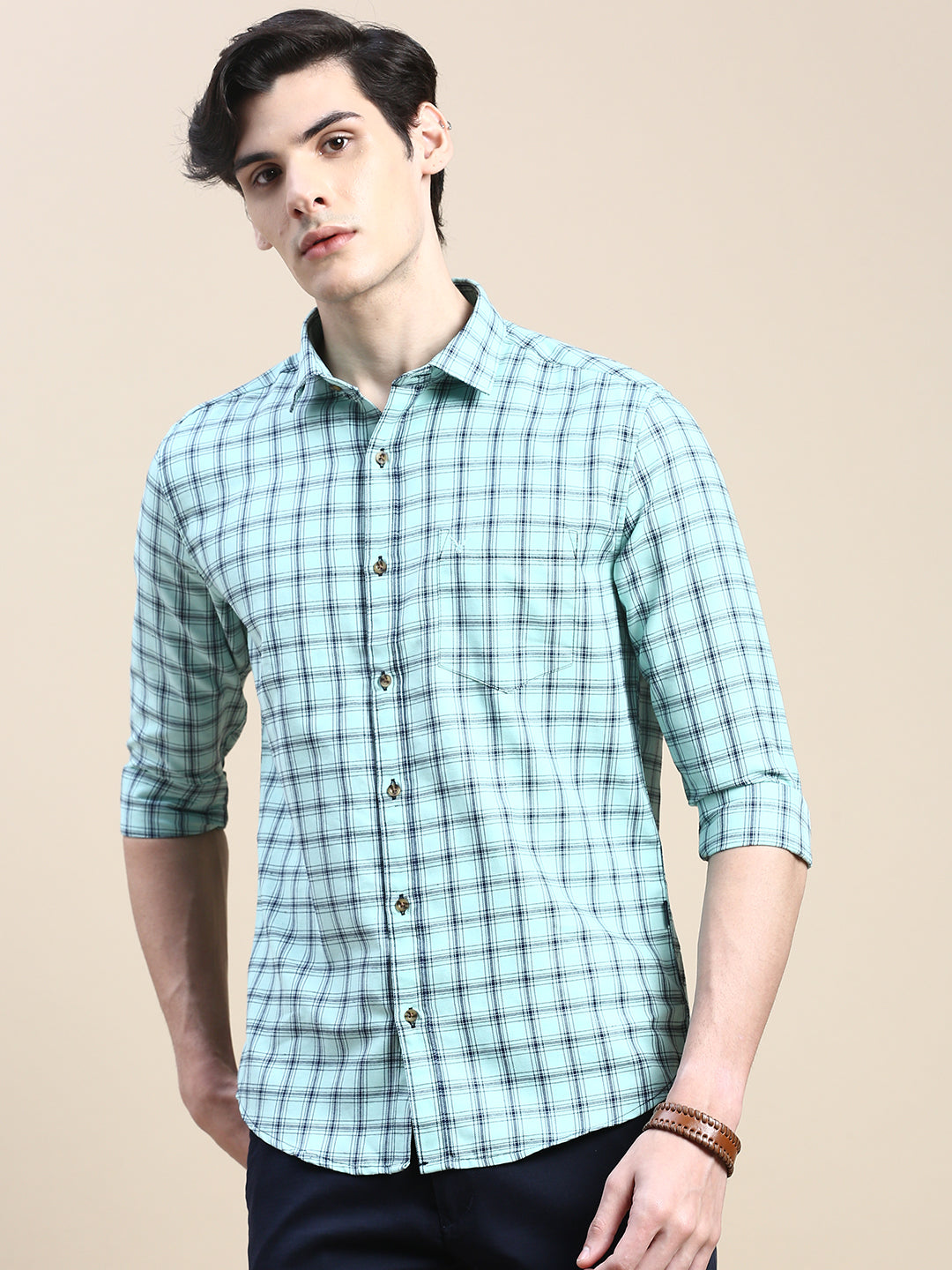 Men Green Checked Casual Shirt