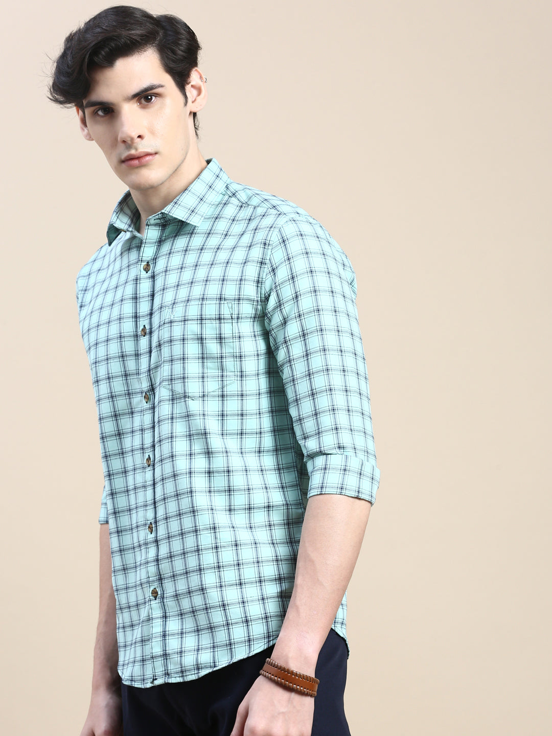 Men Green Checked Casual Shirt