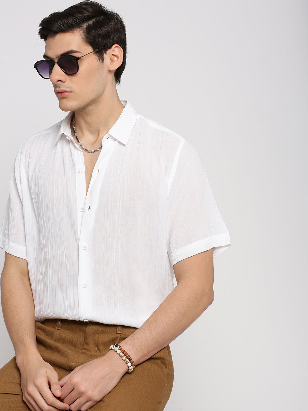 Men White Spread Collar Solid Shirt