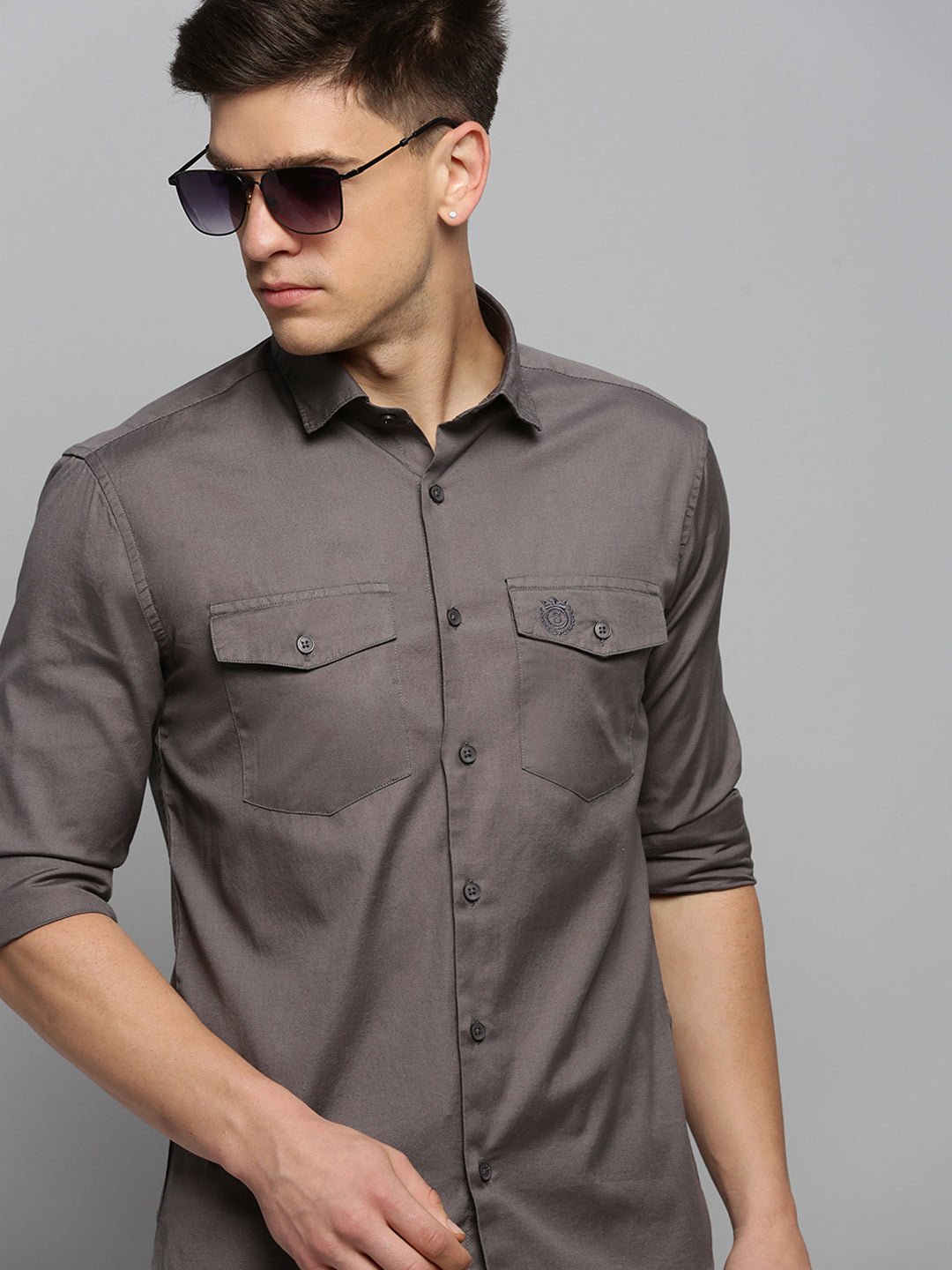 Men Grey Solid Casual Shirt