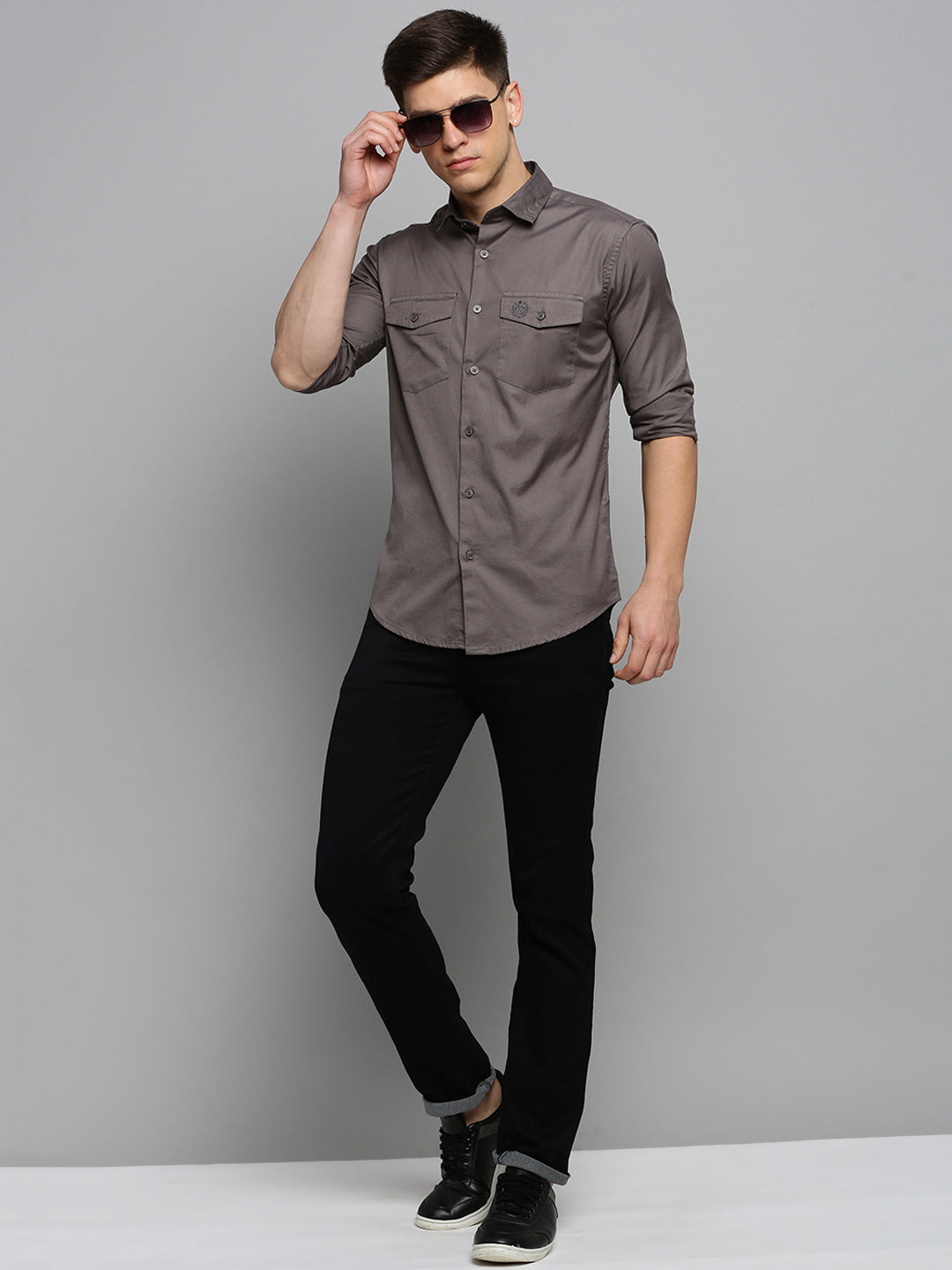 Men Grey Solid Casual Shirt