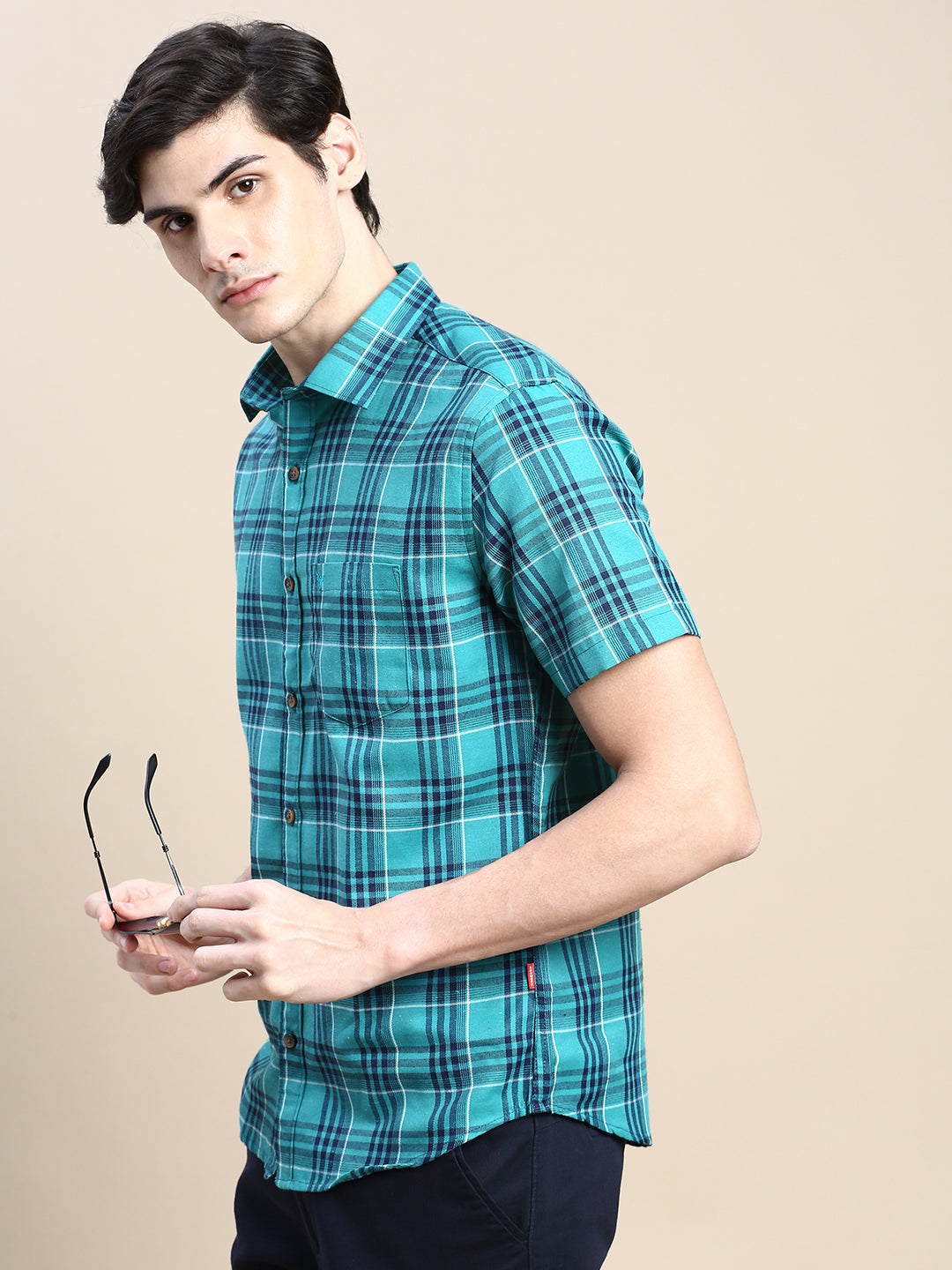 Men Green Checked Casual Shirt