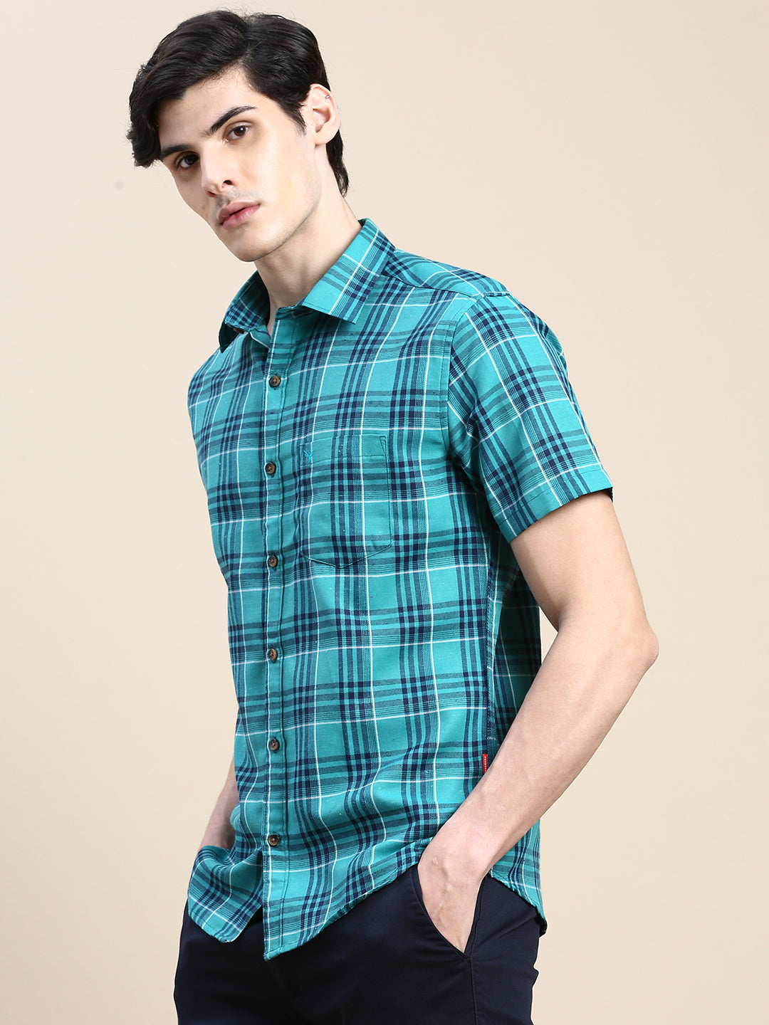 Men Green Checked Casual Shirt