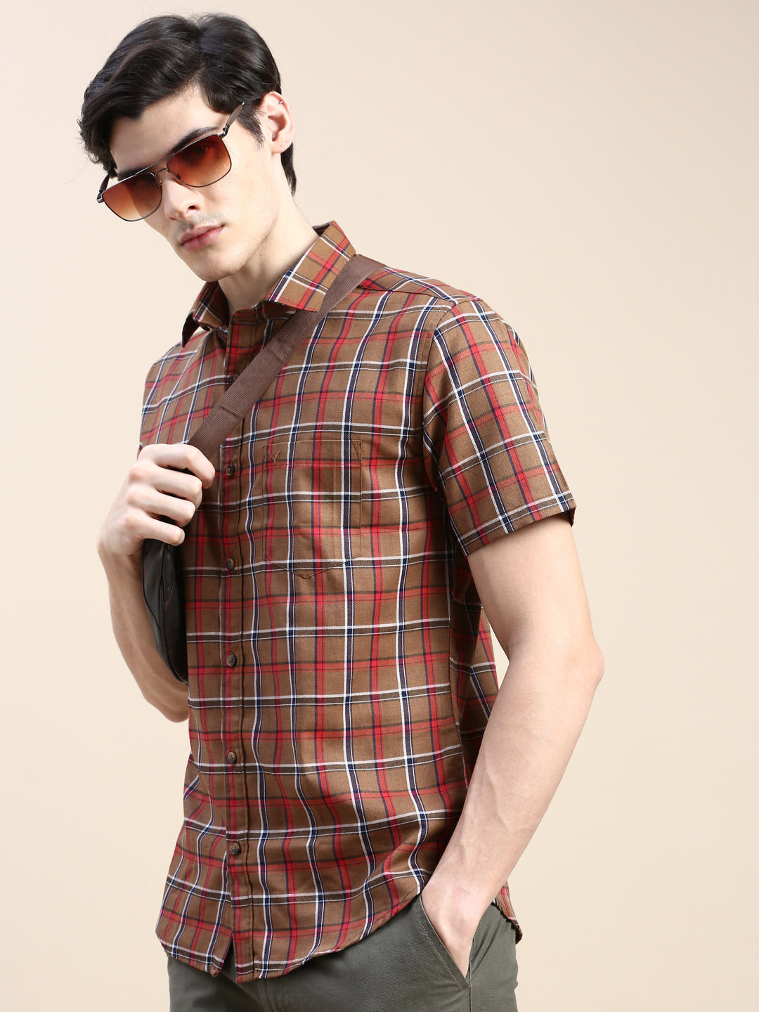 Men Brown Checked Casual Shirt