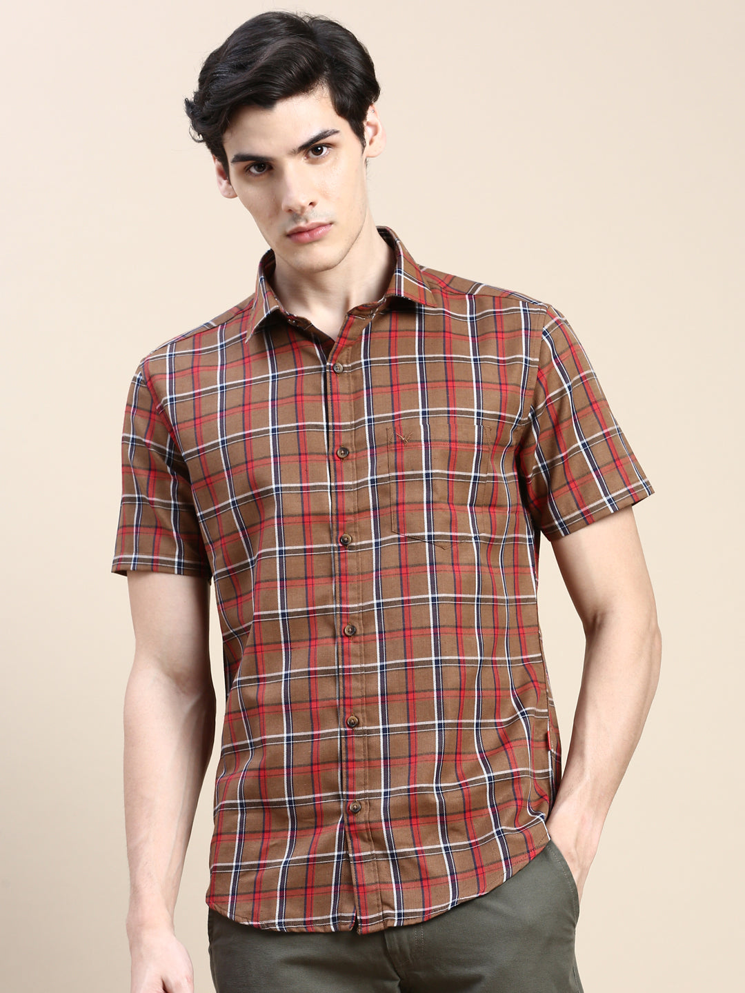 Men Brown Checked Casual Shirt