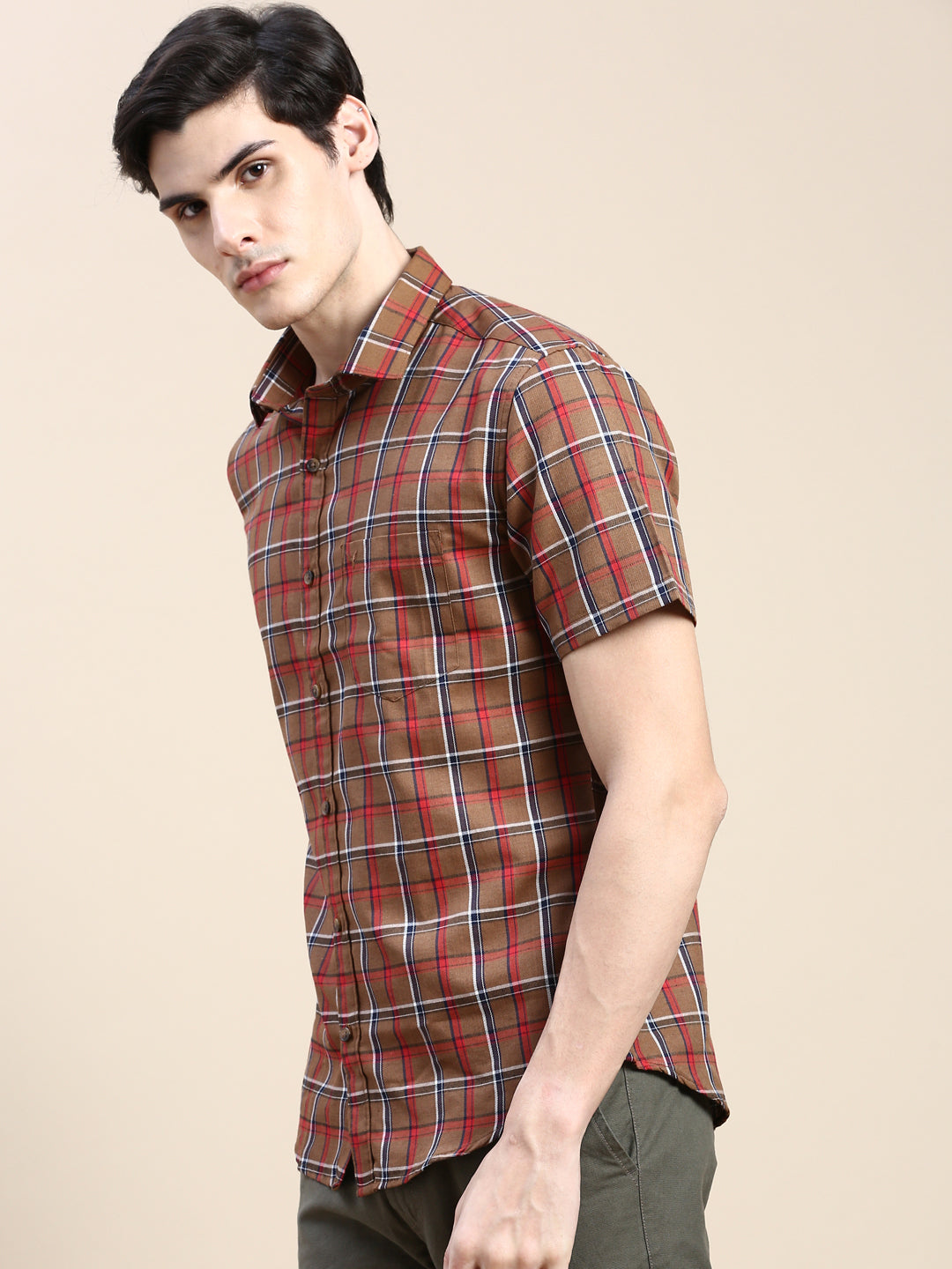 Men Brown Checked Casual Shirt