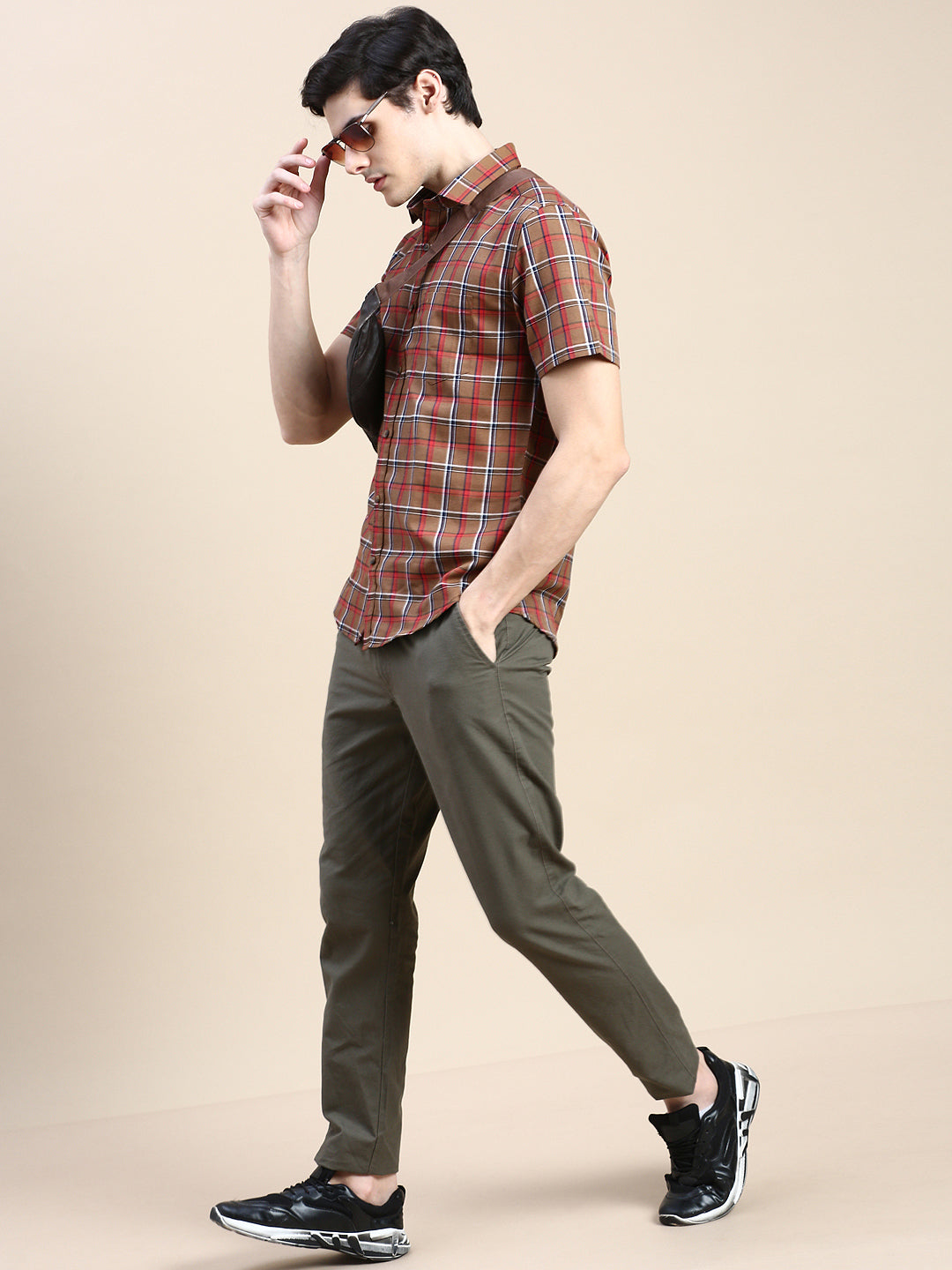 Men Brown Checked Casual Shirt