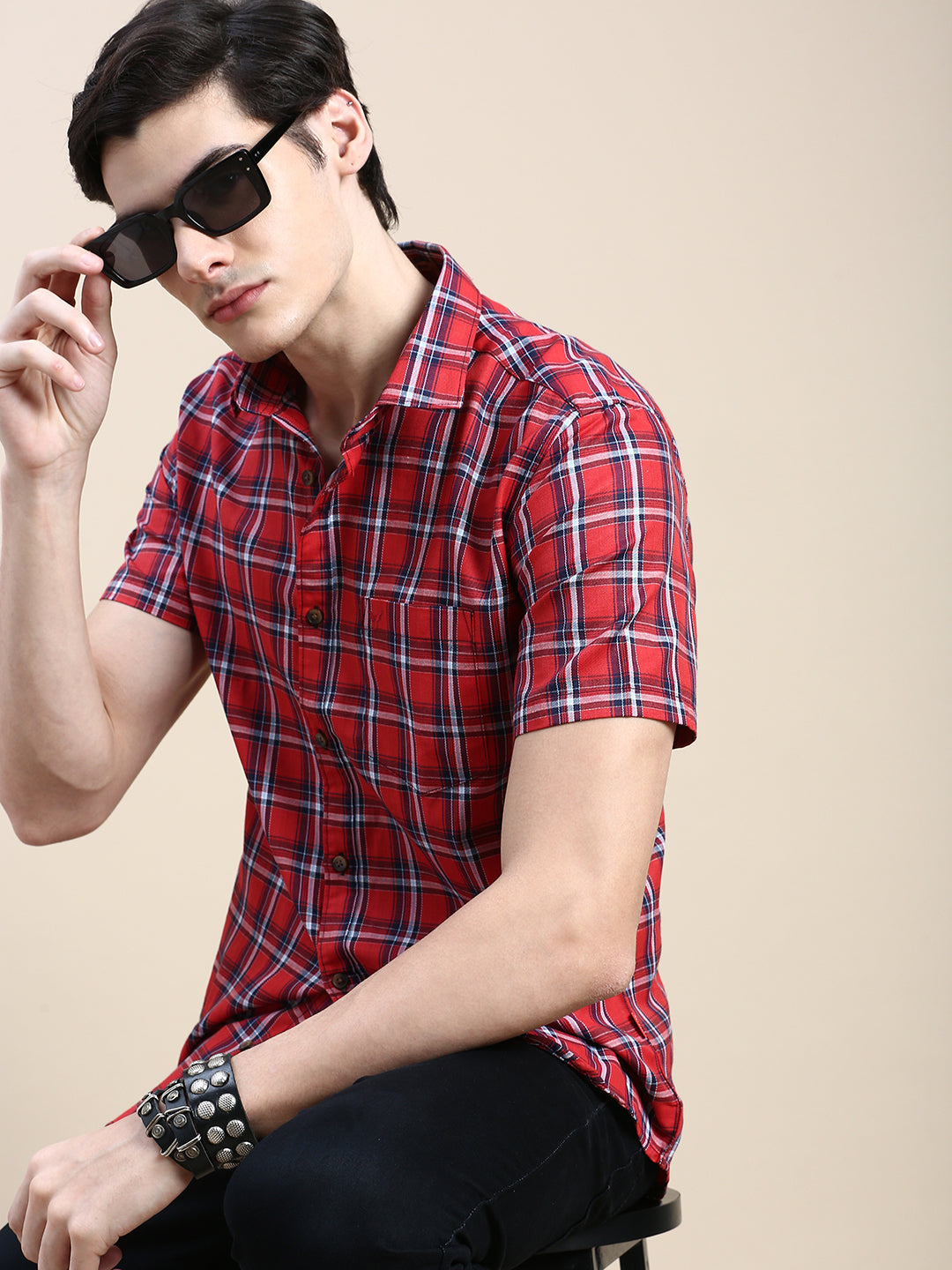 Men Red Checked Casual Shirt