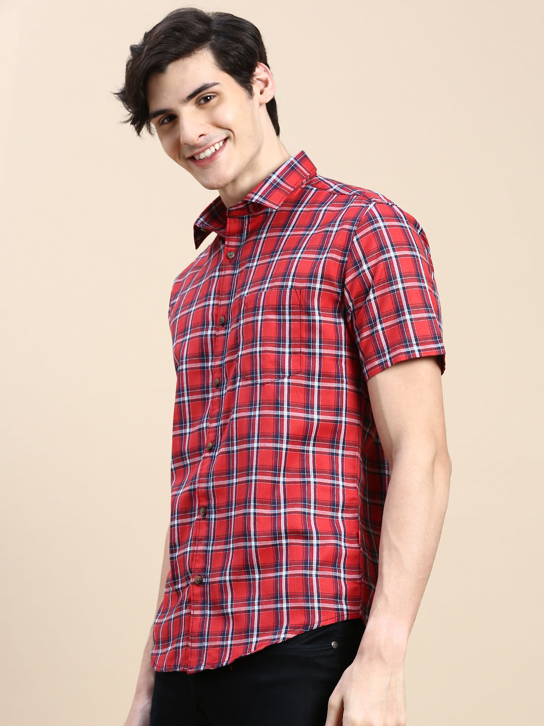 Men Red Checked Casual Shirt