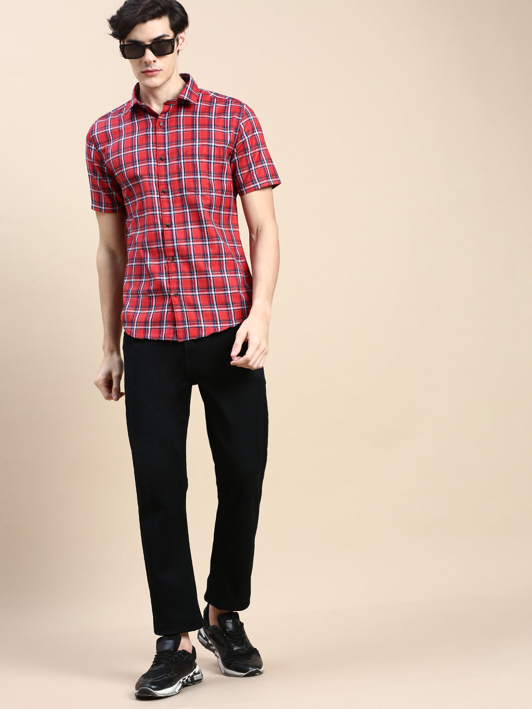 Men Red Checked Casual Shirt